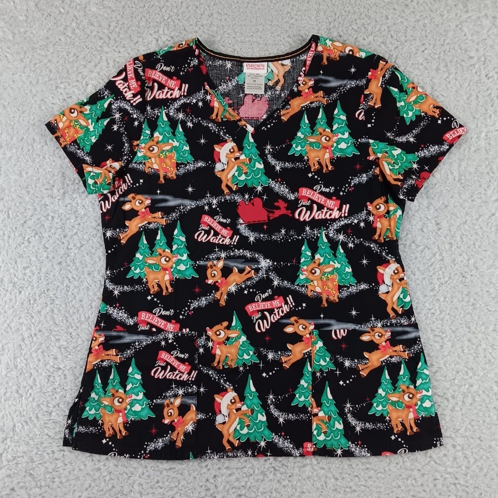 Rudolph Red-Nosed Reindeer Christmas Scrub Top Womens M Black Cotton SLL48733TA